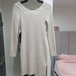 Jennifer Lopez Cream Sequin Long Sleeve Sheath Dress